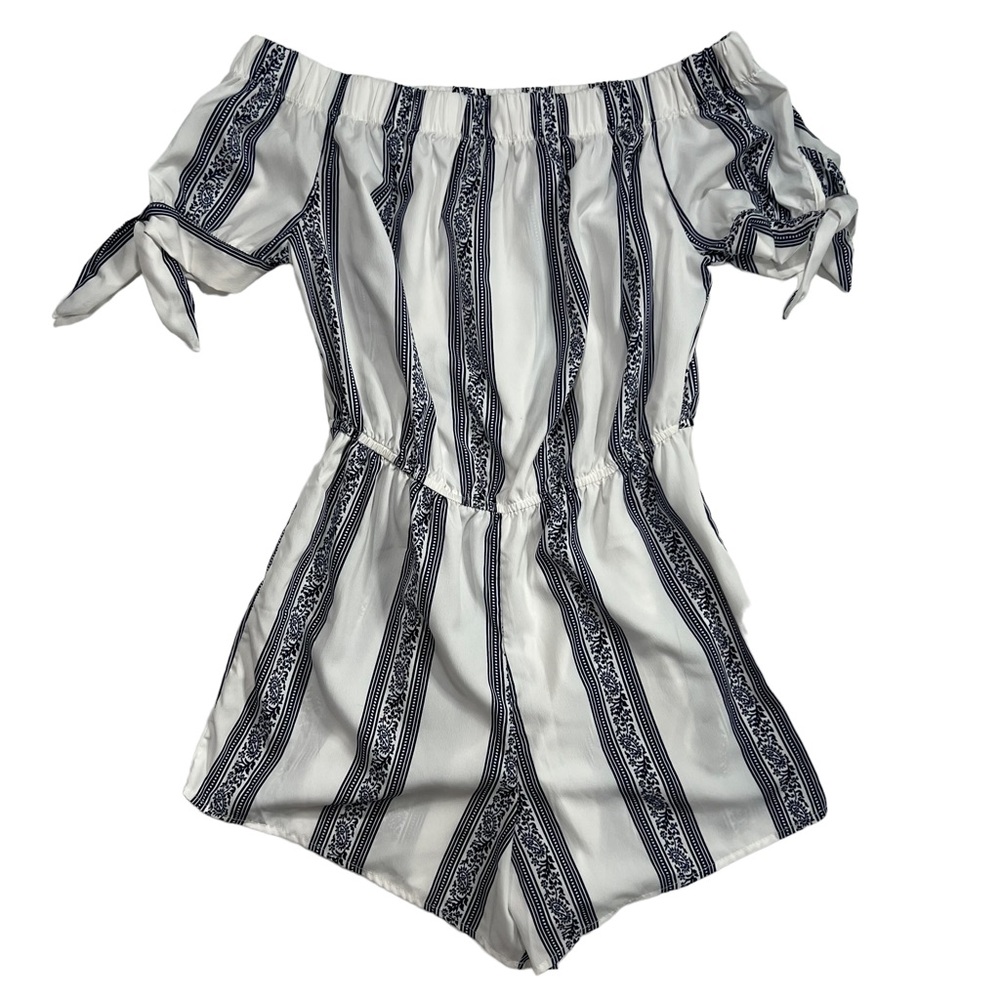 🖤 Hint of Blush Blue and White Patterned Shorts off the Shoulder Sheer Romper